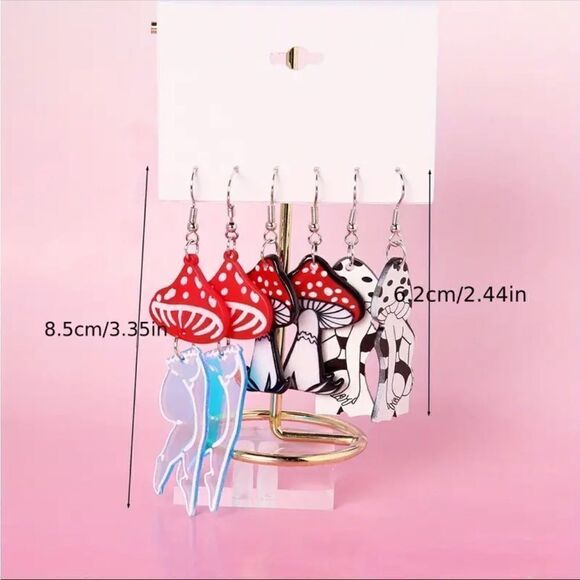 Psychedelic Mushroom Lady Lightweight Earrings Set of 3- Sexy Acrylic Black Red - Picture 5 of 5